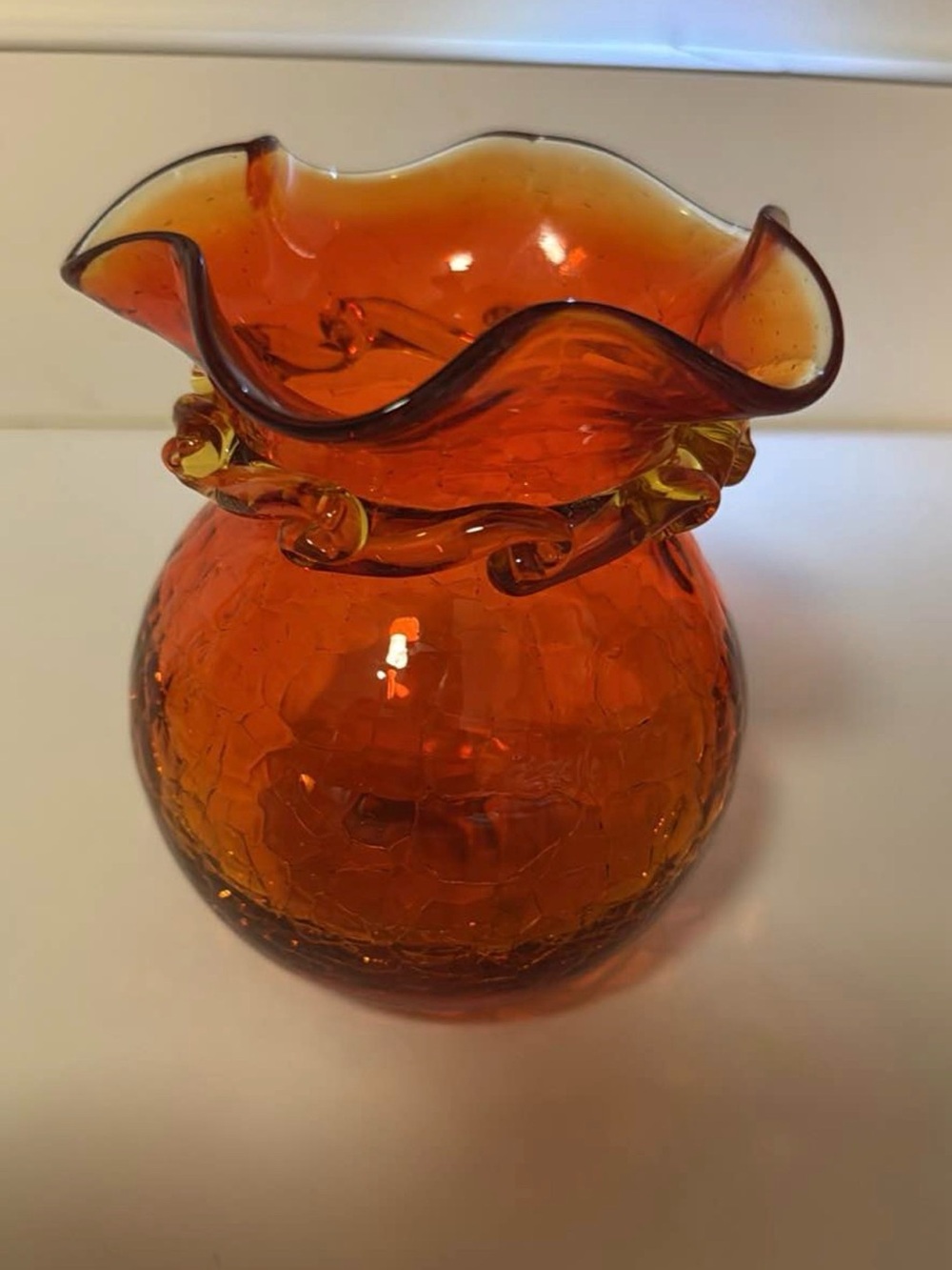 Amber Orange Ruffled Art Glass Vase